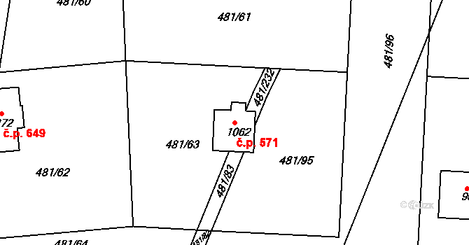Nučice 571 na parcele st. 1062 v KÚ Nučice u Rudné, Katastrální mapa