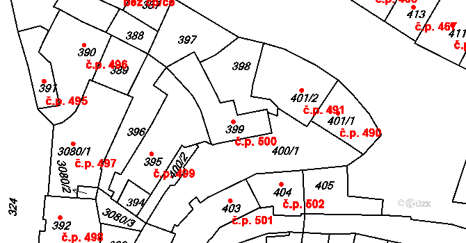 Jemnice 500 na parcele st. 399 v KÚ Jemnice, Katastrální mapa