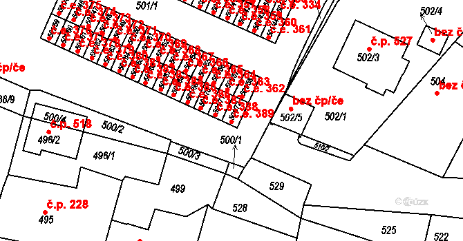Bystřice nad Pernštejnem 389 na parcele st. 501/72 v KÚ Bystřice nad Pernštejnem, Katastrální mapa