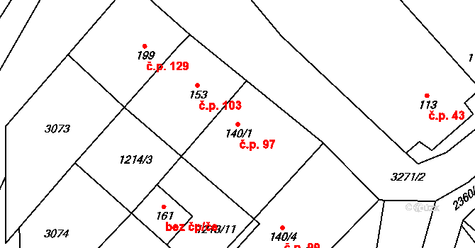 Kozlany 97 na parcele st. 140/1 v KÚ Kozlany u Vyškova, Katastrální mapa