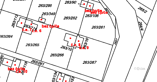 Malé Březno 9 na parcele st. 263/16 v KÚ Malé Březno, Katastrální mapa