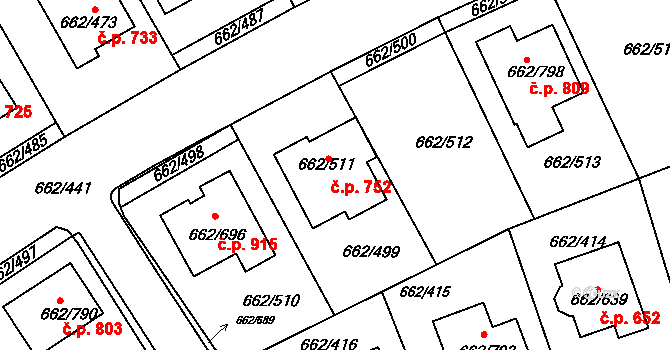 Moravany 752 na parcele st. 662/511 v KÚ Moravany u Brna, Katastrální mapa