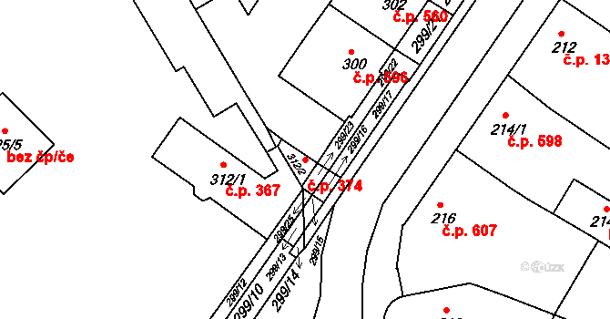 Bučovice 374 na parcele st. 312/2 v KÚ Bučovice, Katastrální mapa