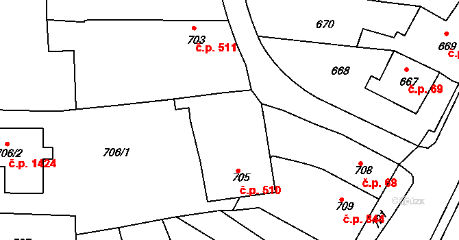 Třešť 510 na parcele st. 705/1 v KÚ Třešť, Katastrální mapa