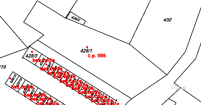 Horní Suchá 986 na parcele st. 428/1 v KÚ Horní Suchá, Katastrální mapa