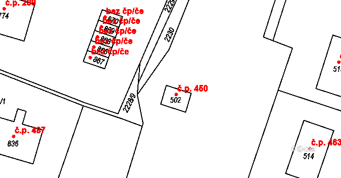 Hanušovice 450 na parcele st. 502 v KÚ Hanušovice, Katastrální mapa