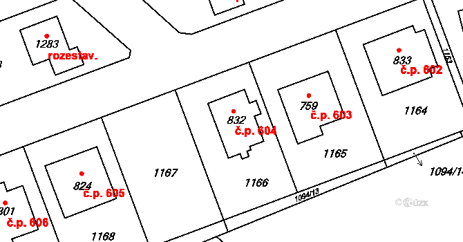 Velim 604 na parcele st. 832 v KÚ Velim, Katastrální mapa