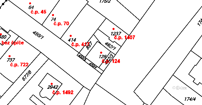 Neratovice 124 na parcele st. 128 v KÚ Neratovice, Katastrální mapa