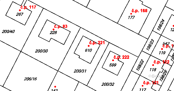 Chotětov 221 na parcele st. 610 v KÚ Chotětov, Katastrální mapa