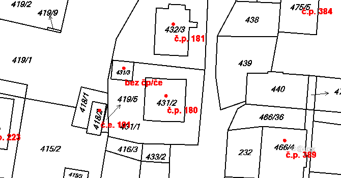 Poběžovice 180 na parcele st. 431/2 v KÚ Poběžovice u Domažlic, Katastrální mapa