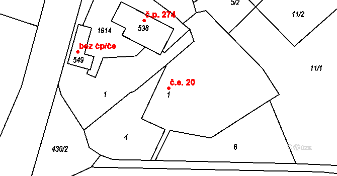 Hrádek 20 na parcele st. 1 v KÚ Hrádek u Rokycan, Katastrální mapa