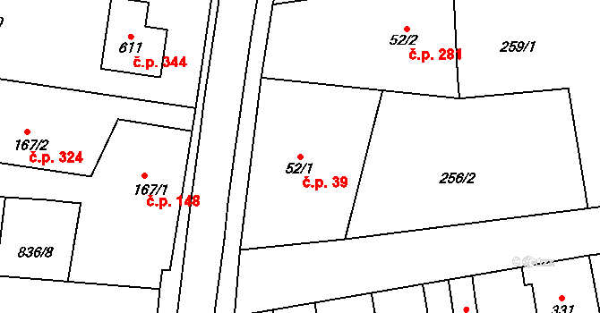 Velká Ves 39, Broumov na parcele st. 52/1 v KÚ Velká Ves u Broumova, Katastrální mapa