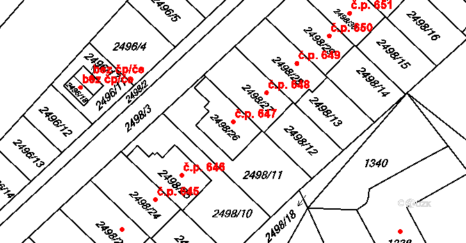 Jedovnice 647 na parcele st. 2498/26 v KÚ Jedovnice, Katastrální mapa