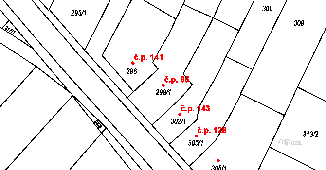 Rychlov 85, Bystřice pod Hostýnem na parcele st. 299/1 v KÚ Rychlov u Bystřice pod Hostýnem, Katastrální mapa