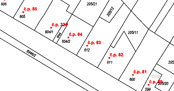 Hrádek 83 na parcele st. 612 v KÚ Hrádek u Znojma, Katastrální mapa
