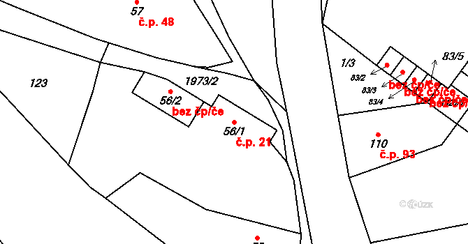 Horušice 21 na parcele st. 56/1 v KÚ Horušice, Katastrální mapa