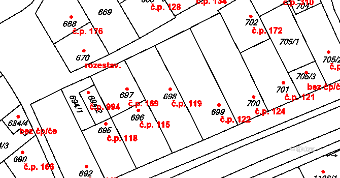 Lužice 119 na parcele st. 698 v KÚ Lužice u Hodonína, Katastrální mapa