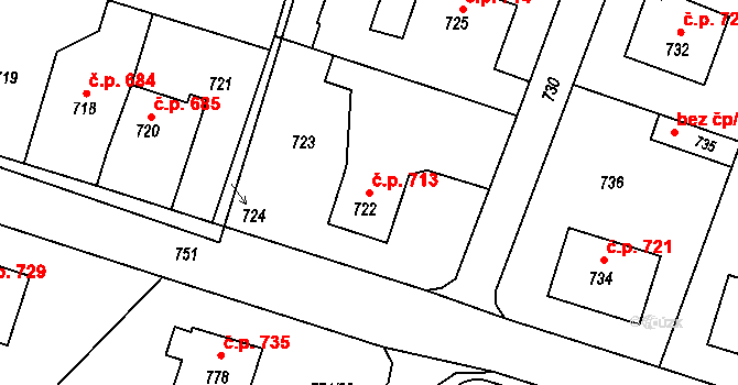 Libušín 713 na parcele st. 722 v KÚ Libušín, Katastrální mapa