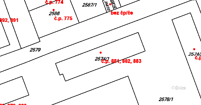 Hulín 881,882,883 na parcele st. 2574/1 v KÚ Hulín, Katastrální mapa