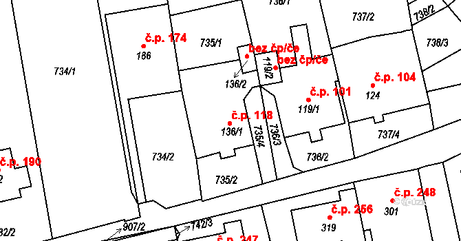 Unčín 118, Krupka na parcele st. 136/1 v KÚ Unčín u Krupky, Katastrální mapa