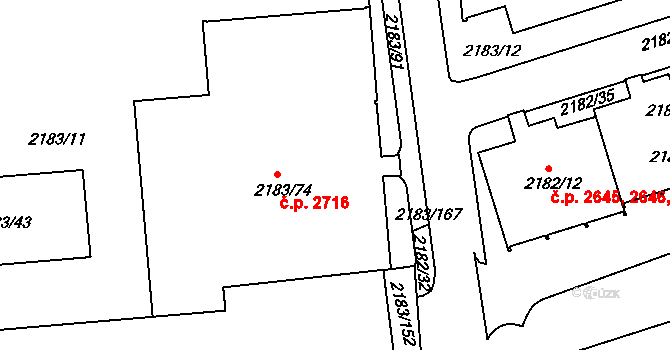 Žižkov 2716, Praha na parcele st. 2183/74 v KÚ Žižkov, Katastrální mapa