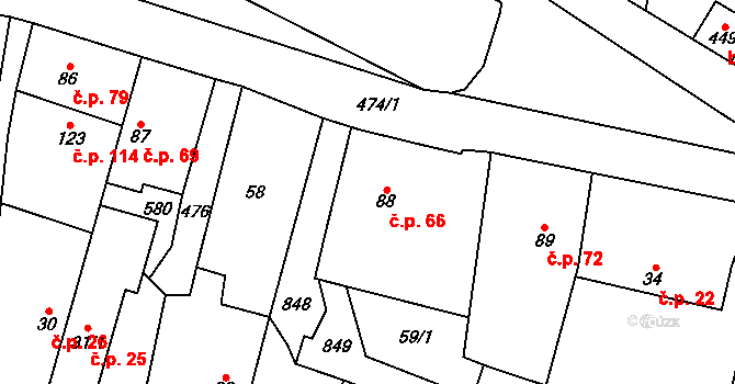 Radim 66 na parcele st. 88 v KÚ Radim u Kolína, Katastrální mapa