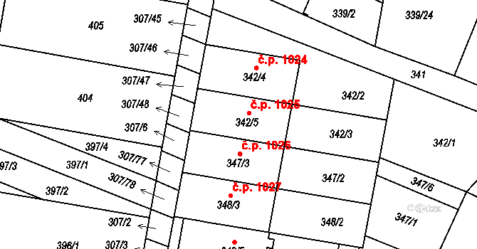 Mutěnice 1025 na parcele st. 342/5 v KÚ Mutěnice, Katastrální mapa