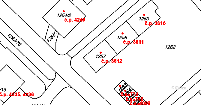 Chomutov 3612 na parcele st. 1257 v KÚ Chomutov I, Katastrální mapa