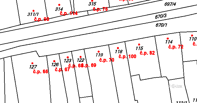 Řeznovice 70, Ivančice na parcele st. 119 v KÚ Řeznovice, Katastrální mapa