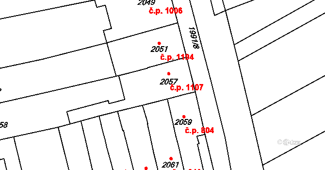 Šlapanice 1107 na parcele st. 2057 v KÚ Šlapanice u Brna, Katastrální mapa