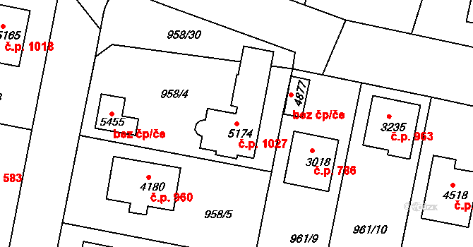 Plzeňské Předměstí 1027, Rokycany na parcele st. 5174 v KÚ Rokycany, Katastrální mapa