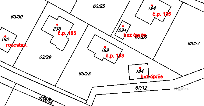 Hoření Vinice 133, Kly na parcele st. 183 v KÚ Záboří u Kel, Katastrální mapa