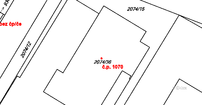 Třemošná 1070 na parcele st. 2074/36 v KÚ Třemošná, Katastrální mapa