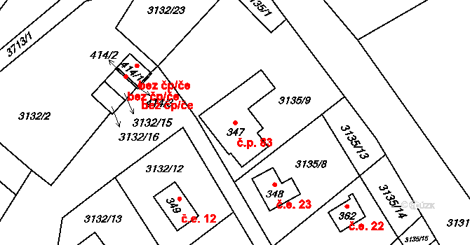 Podělusy 83, Týnec nad Sázavou na parcele st. 347 v KÚ Podělusy, Katastrální mapa
