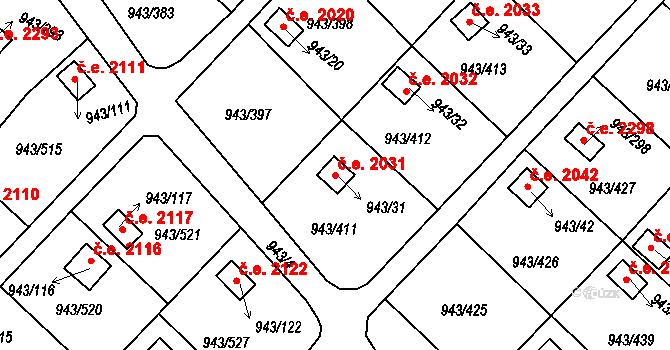 Velká Chuchle 2031, Praha na parcele st. 943/31 v KÚ Velká Chuchle, Katastrální mapa