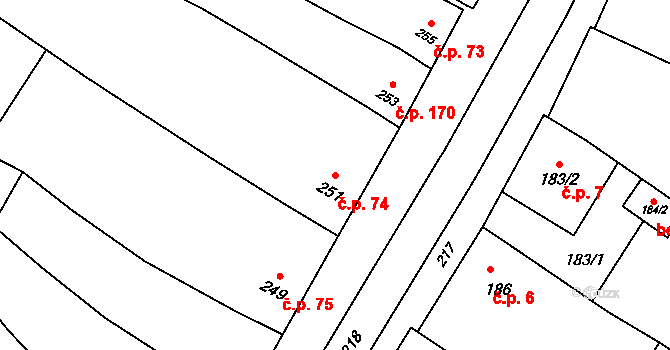 Kobeřice u Brna 74 na parcele st. 251 v KÚ Kobeřice u Brna, Katastrální mapa