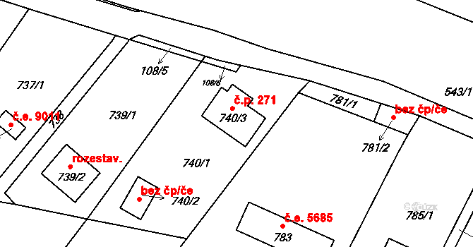 Vaňov 271, Ústí nad Labem na parcele st. 740/3 v KÚ Vaňov, Katastrální mapa