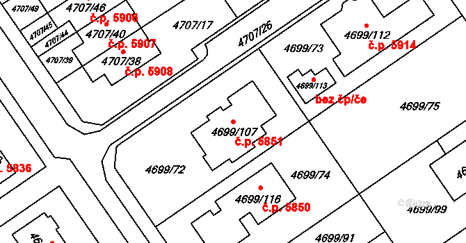 Chomutov 5851 na parcele st. 4699/107 v KÚ Chomutov I, Katastrální mapa