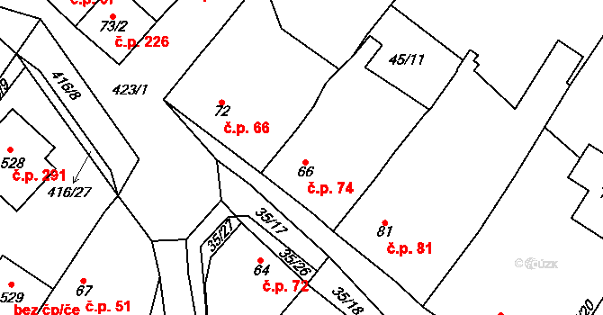 Blatnice 74 na parcele st. 66 v KÚ Blatnice u Nýřan, Katastrální mapa