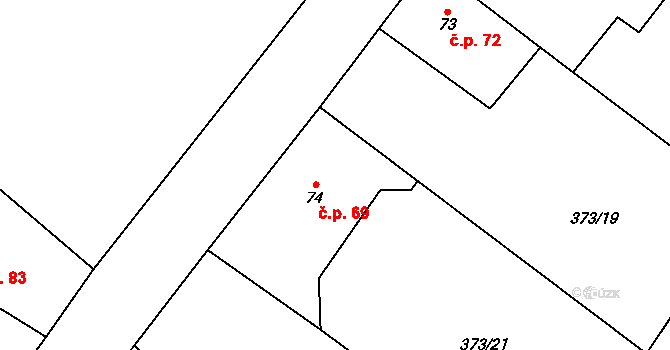 Korycany 69, Neratovice na parcele st. 74 v KÚ Korycany, Katastrální mapa