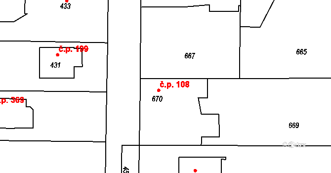 Průhonice 108 na parcele st. 670 v KÚ Průhonice, Katastrální mapa
