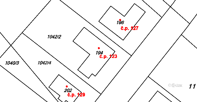 Říčky 123 na parcele st. 194 v KÚ Říčky u Brna, Katastrální mapa