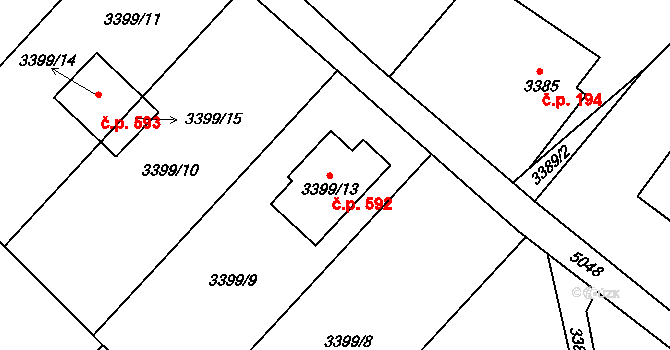 Choceňské Předměstí 592, Vysoké Mýto na parcele st. 3399/13 v KÚ Vysoké Mýto, Katastrální mapa