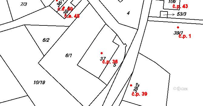 Pivonín 36, Zábřeh na parcele st. 37 v KÚ Pivonín, Katastrální mapa