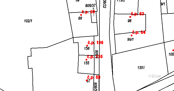 Líšťany 136 na parcele st. 156 v KÚ Líšťany u Cítolib, Katastrální mapa