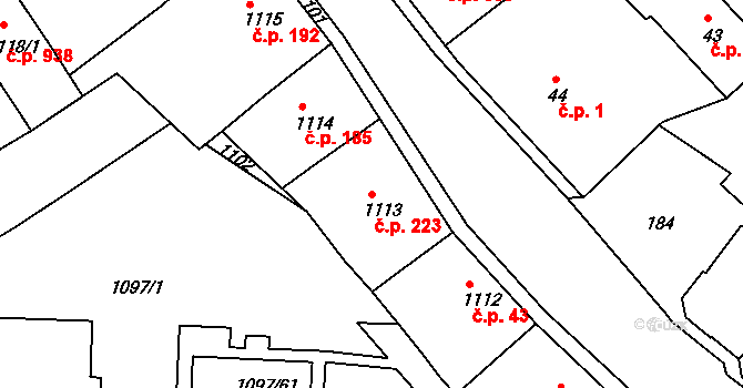 Podbořany 223 na parcele st. 1113 v KÚ Podbořany, Katastrální mapa
