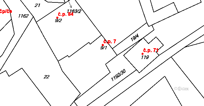 Bartoušov 7 na parcele st. 9/1 v KÚ Bartoušov, Katastrální mapa