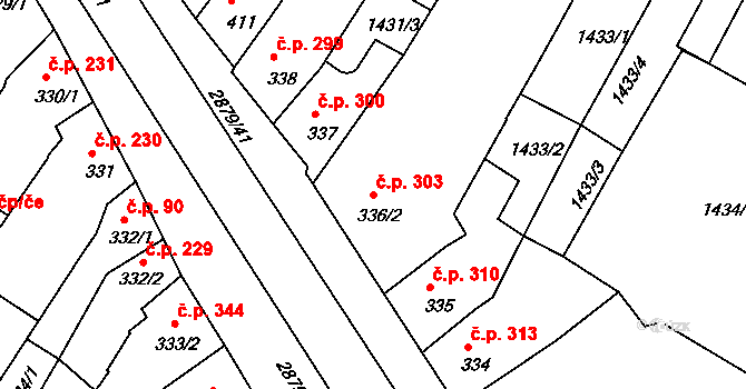 Bystřice pod Hostýnem 303 na parcele st. 336/2 v KÚ Bystřice pod Hostýnem, Katastrální mapa