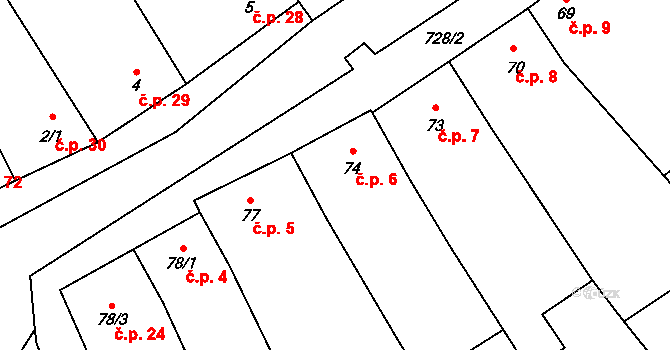 Dřevnovice 6 na parcele st. 74 v KÚ Dřevnovice, Katastrální mapa