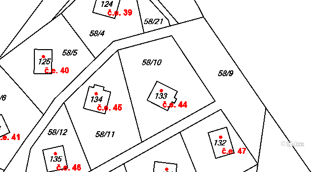 Zborná 44, Jihlava na parcele st. 133 v KÚ Zborná, Katastrální mapa